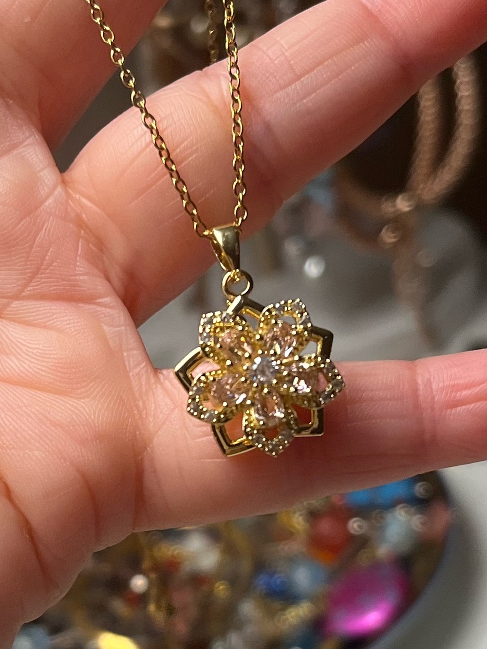 Fidget Spinner Flower CZ Gold Tone Stainless Steel Necklace